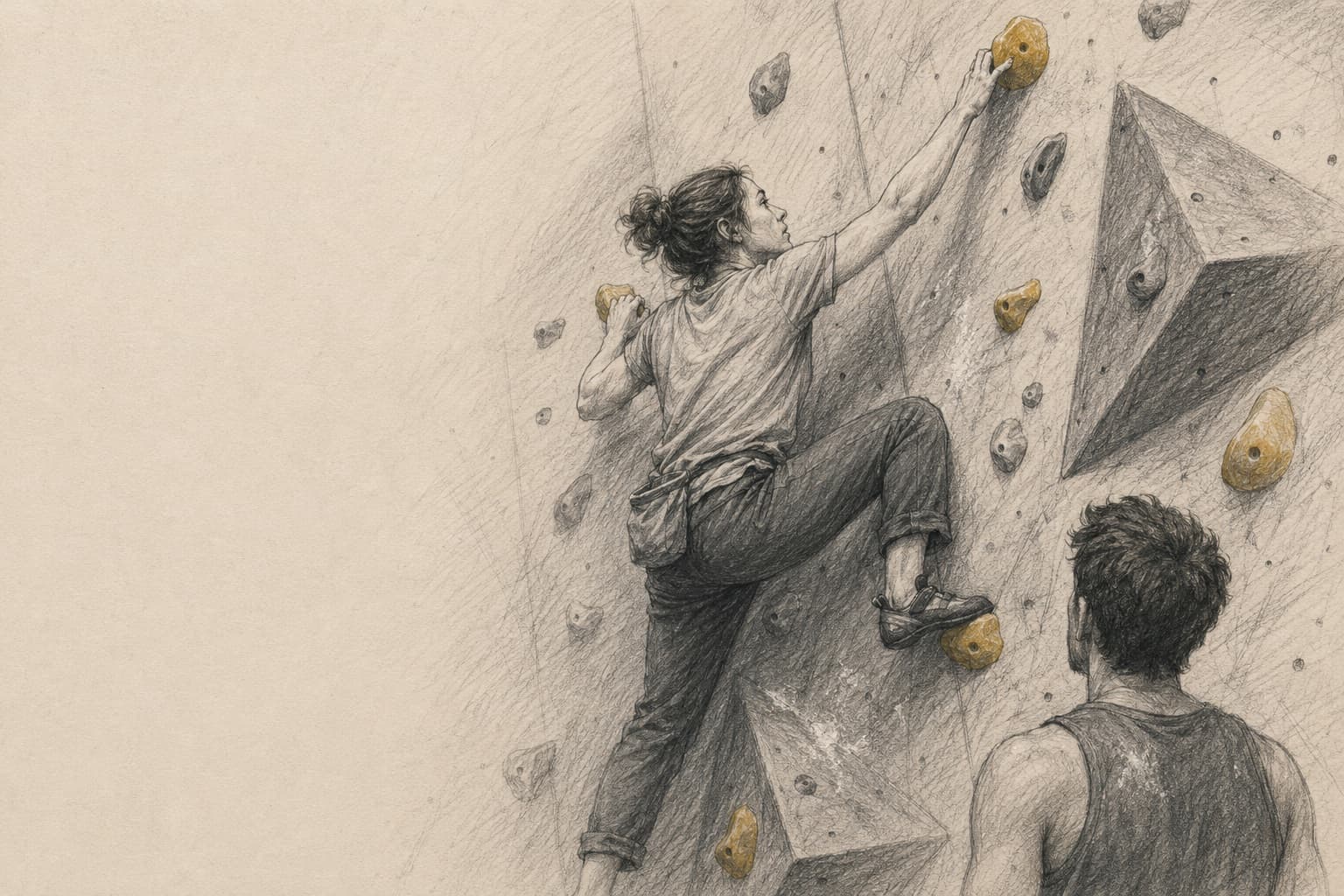 A climber reaching for the next hold while another person watches