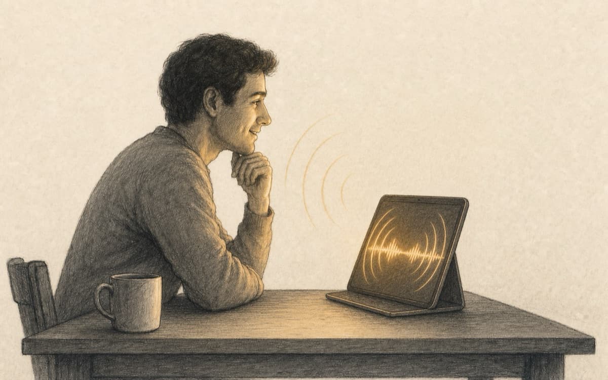 A graphite illustration of a person speaking with a glowing voice companion