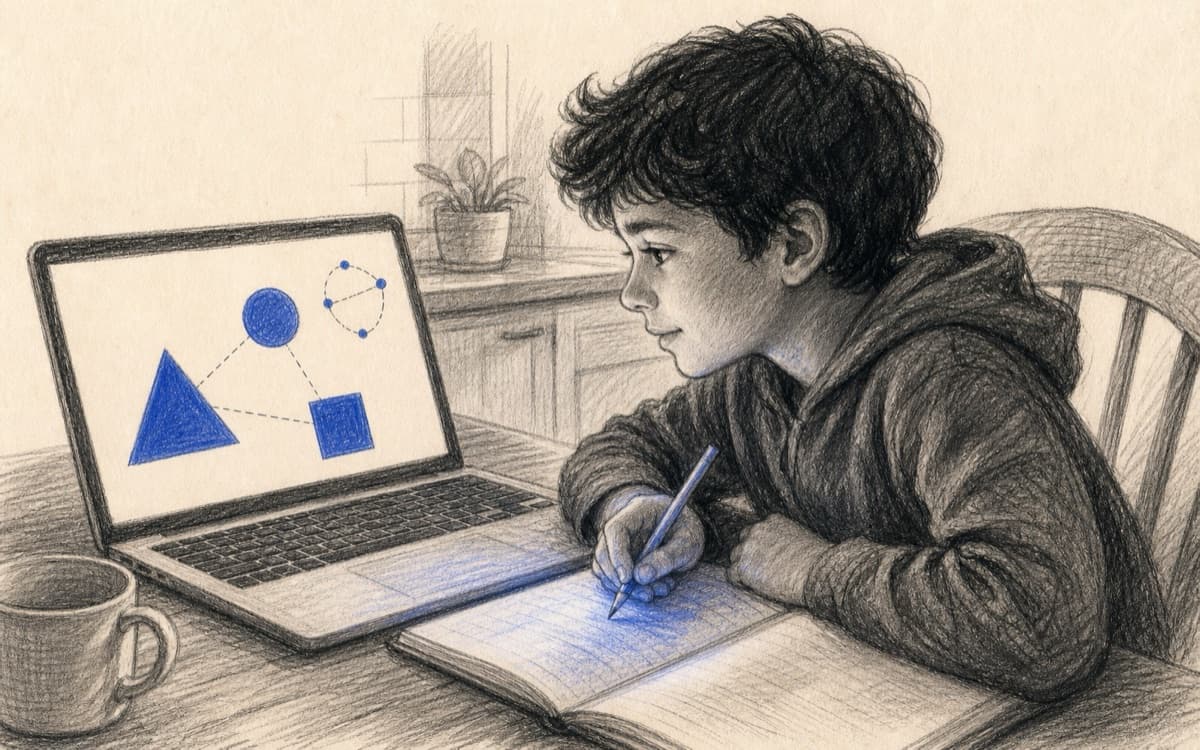 A graphite illustration of a child learning with an AI tutor on a laptop