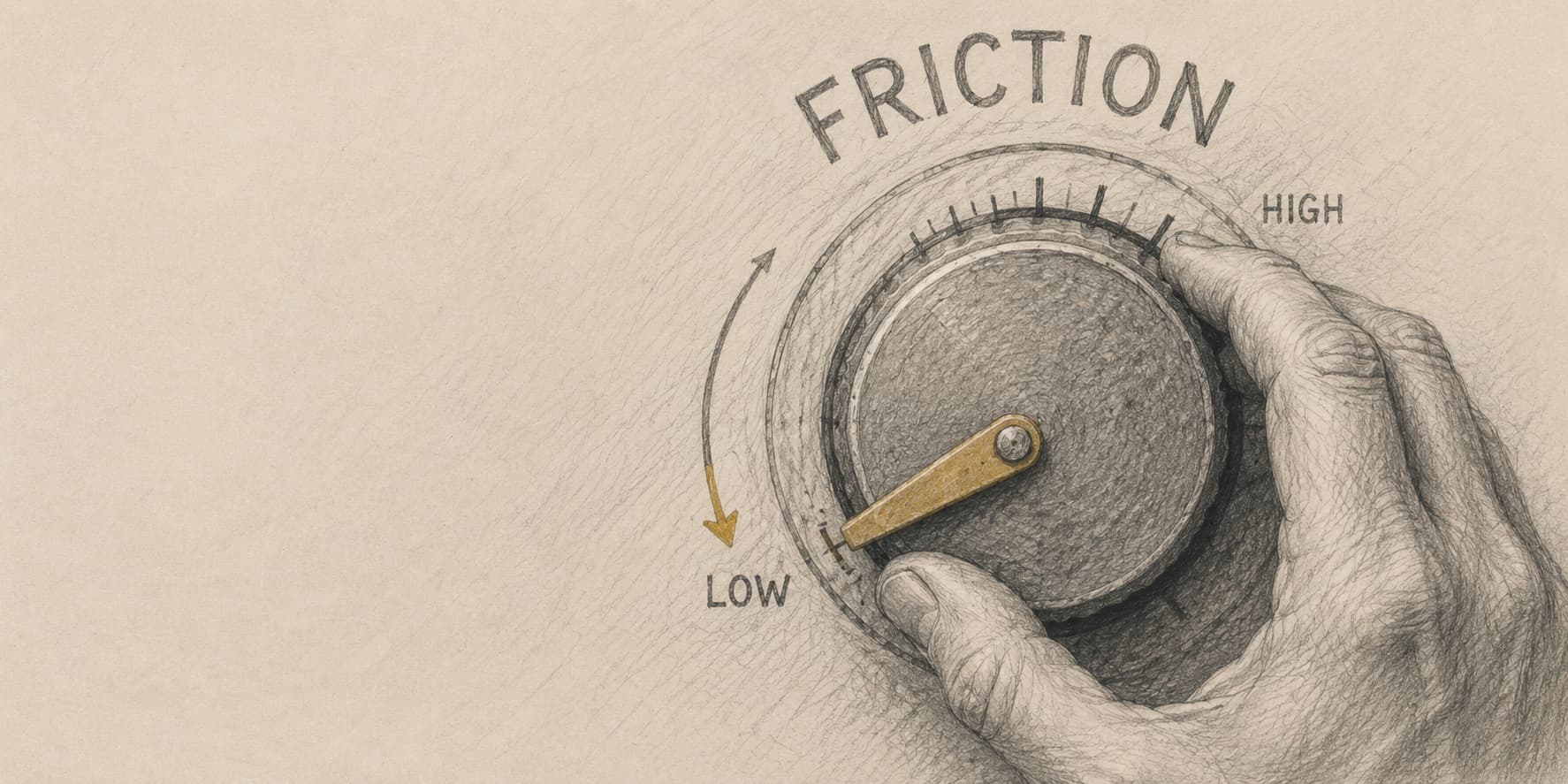 A hand turning a large dial labelled friction from high toward low