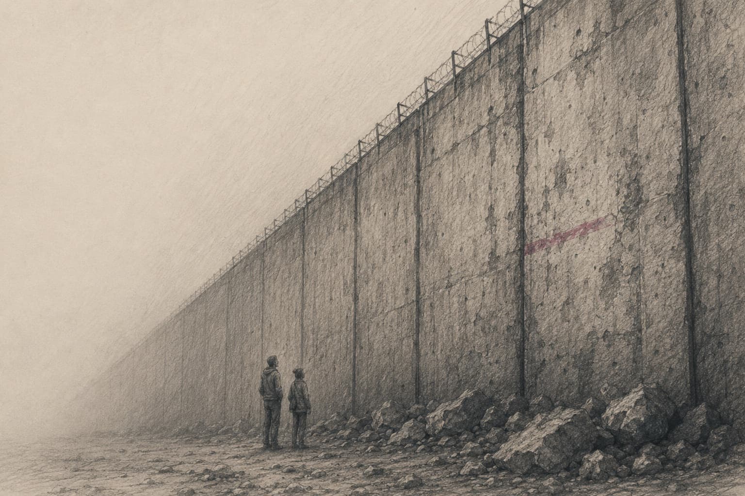 Two people dwarfed by a massive, unbroken concrete wall
