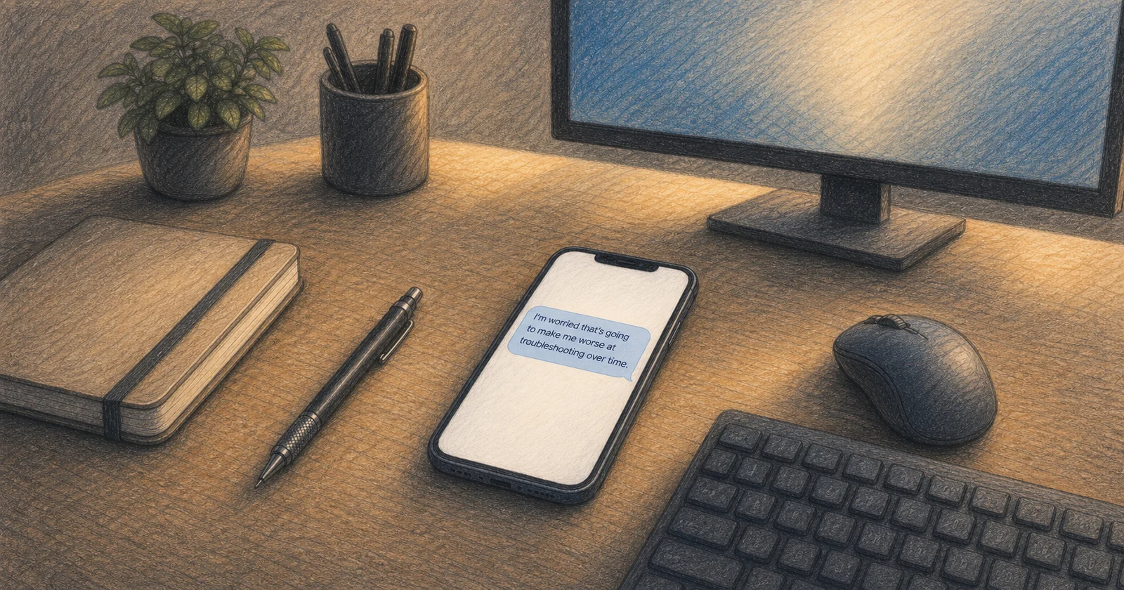 A graphite-and-coloured-pencil illustration of a phone on a programmer's desk displaying Connor's worry about becoming worse at troubleshooting.