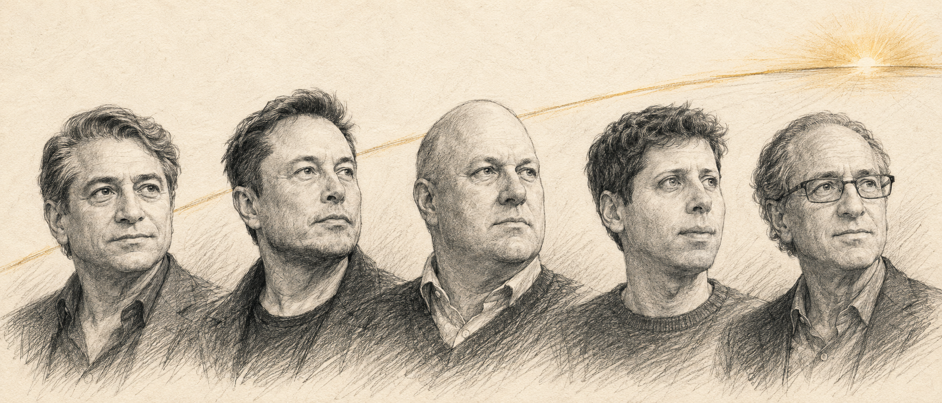 Editorial pencil illustration of five technology figures facing the promise of abundance