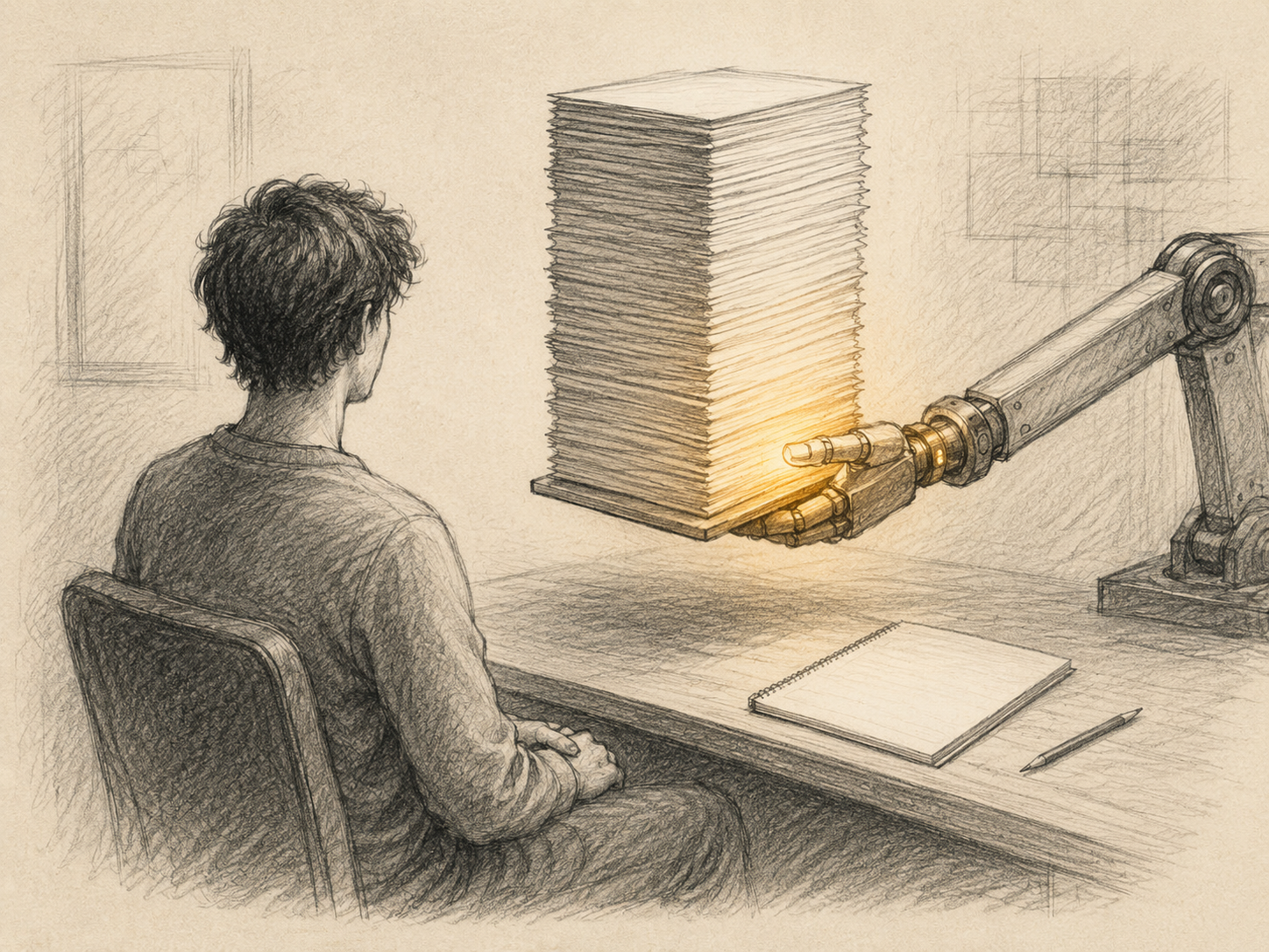 Editorial pencil illustration showing abundant output arriving before competence is built