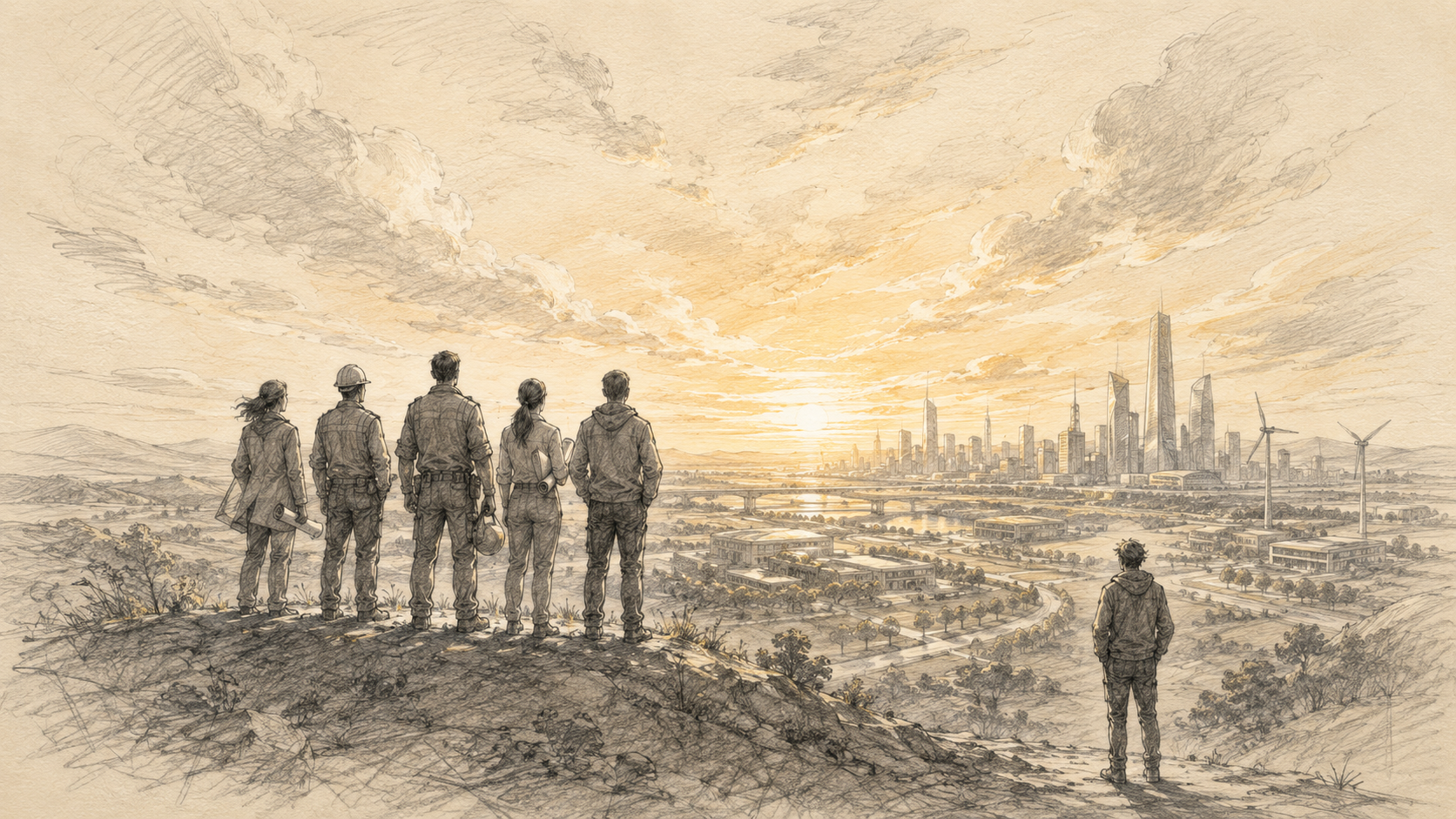 Editorial pencil illustration of builders and an ordinary person looking toward a bright future landscape