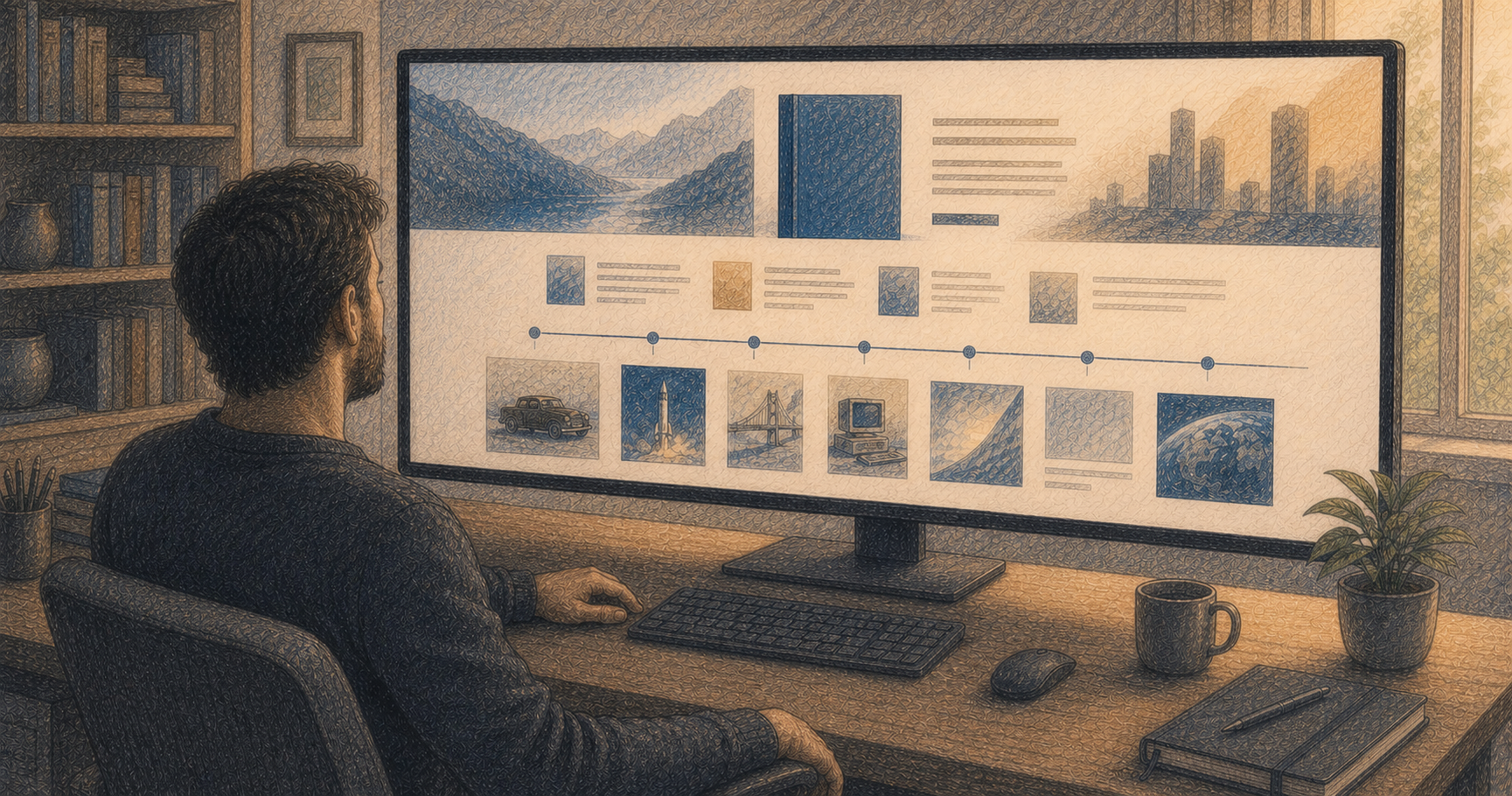 An author sits before an enormous monitor displaying a polished book website in a quiet home office.