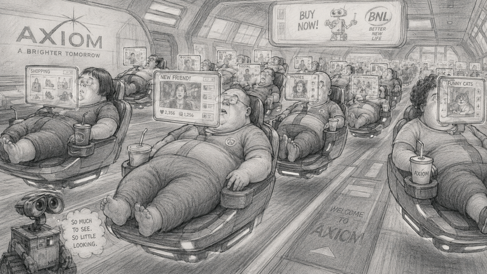 Rows of passengers on the Axiom living inside a frictionless comfort system