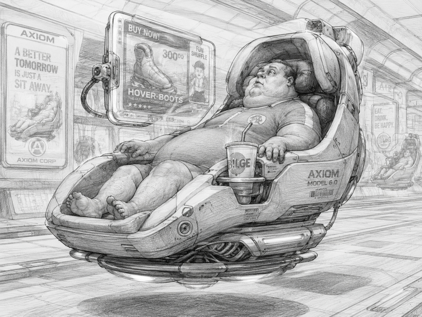 A hover chair carrying the body, aiming attention, and making interruption unlikely