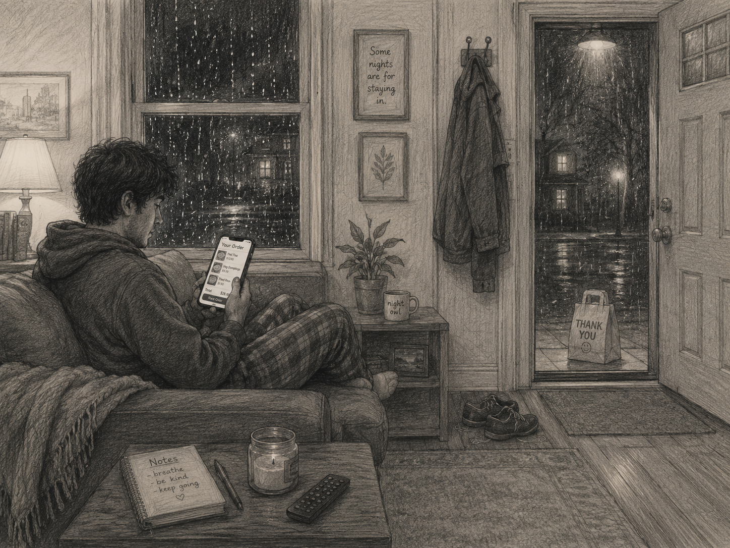 A rainy night delivery app replacing the walk, weather, and counter interaction
