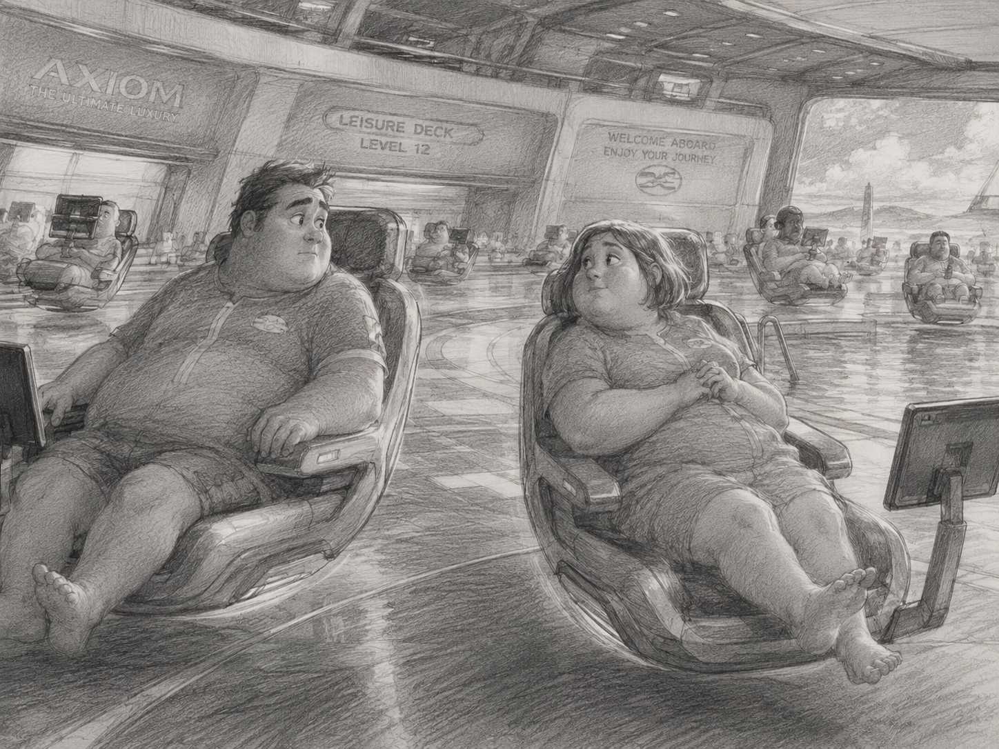 Two passengers noticing each other after looking away from the interface